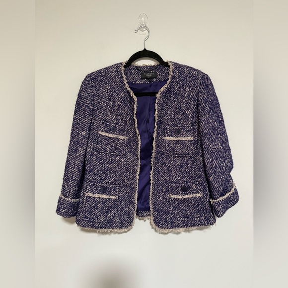 Talbots Purple Tweed Open Front Jacket Fringe Trim Size 10 Petite Classic Office - Picture 1 of 10